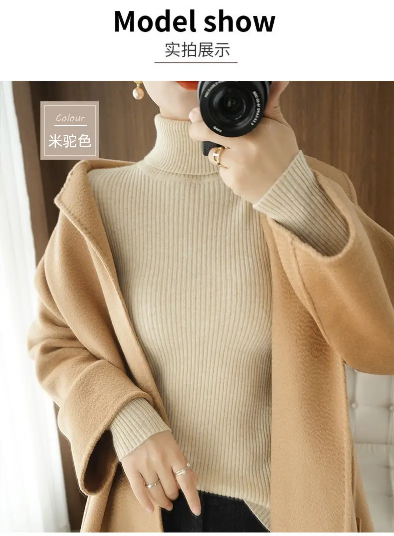 Women's New High Neck Knitted Sweater Grey Solid Color — feature 10