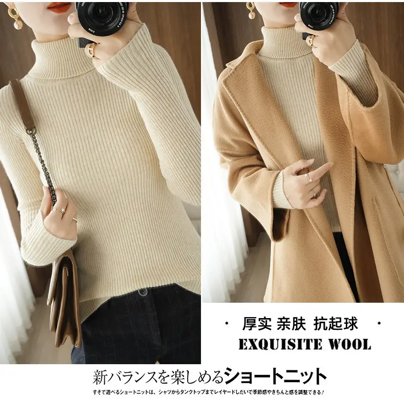 Women's New High Neck Knitted Sweater Grey Solid Color — feature 11