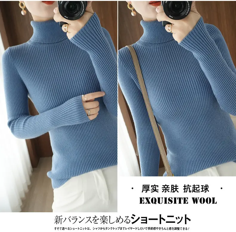 Women's New High Neck Knitted Sweater Grey Solid Color — feature 15