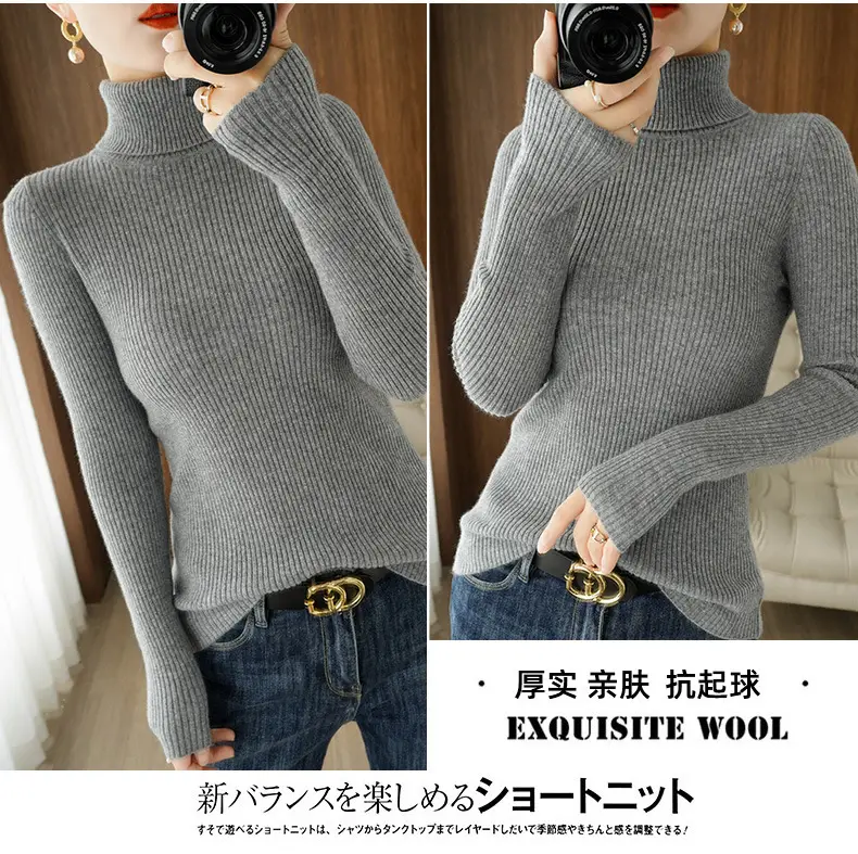 Women's New High Neck Knitted Sweater Grey Solid Color — feature 17