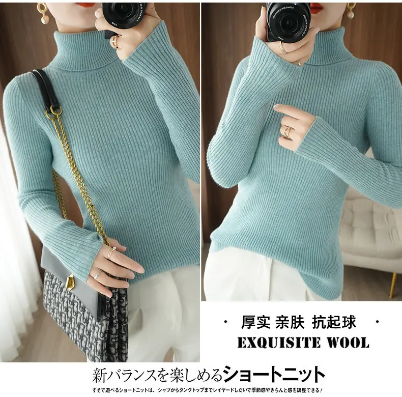 Women's New High Neck Knitted Sweater Grey Solid Color — feature 19