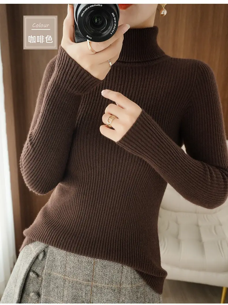 Women's New High Neck Knitted Sweater Grey Solid Color — feature 20
