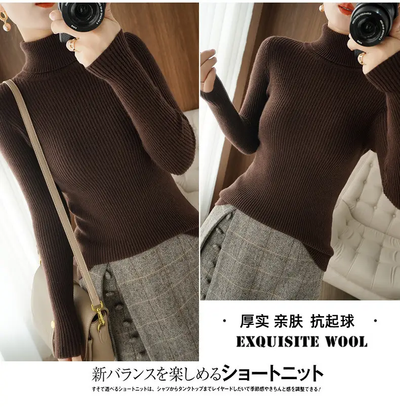 Women's New High Neck Knitted Sweater Grey Solid Color — feature 21