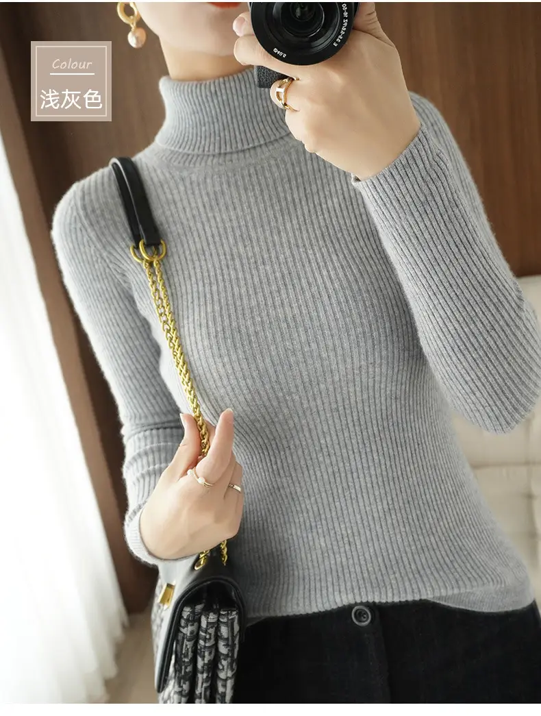 Women's New High Neck Knitted Sweater Grey Solid Color — feature 24