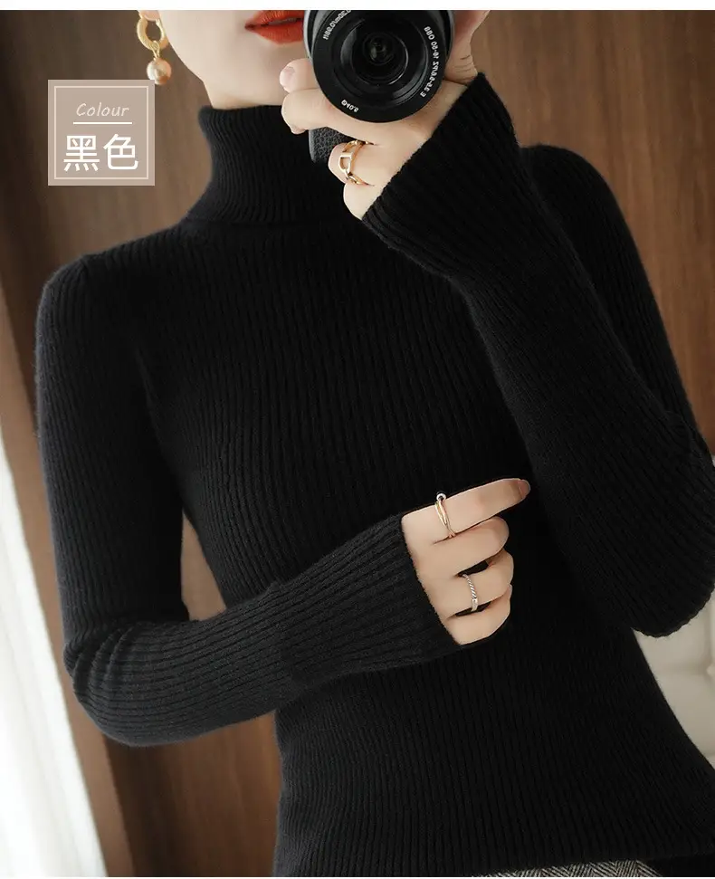 Women's New High Neck Knitted Sweater Grey Solid Color — feature 26