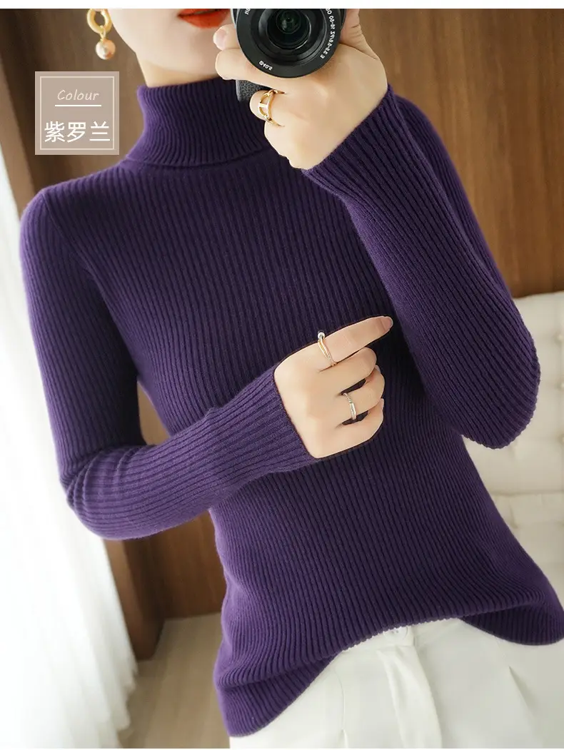 Women's New High Neck Knitted Sweater Grey Solid Color — feature 34