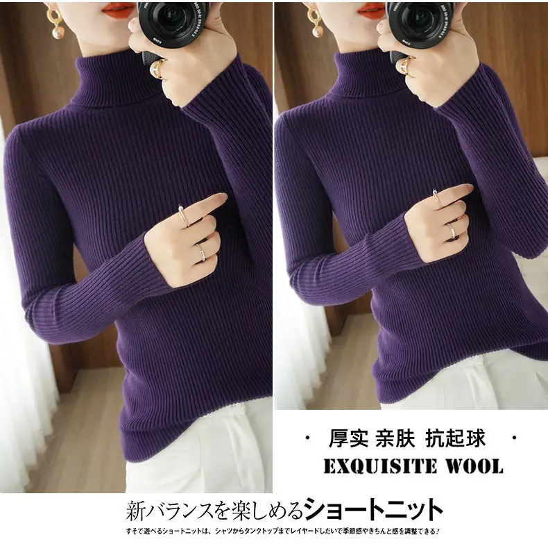 Women's New High Neck Knitted Sweater Grey Solid Color — feature 35