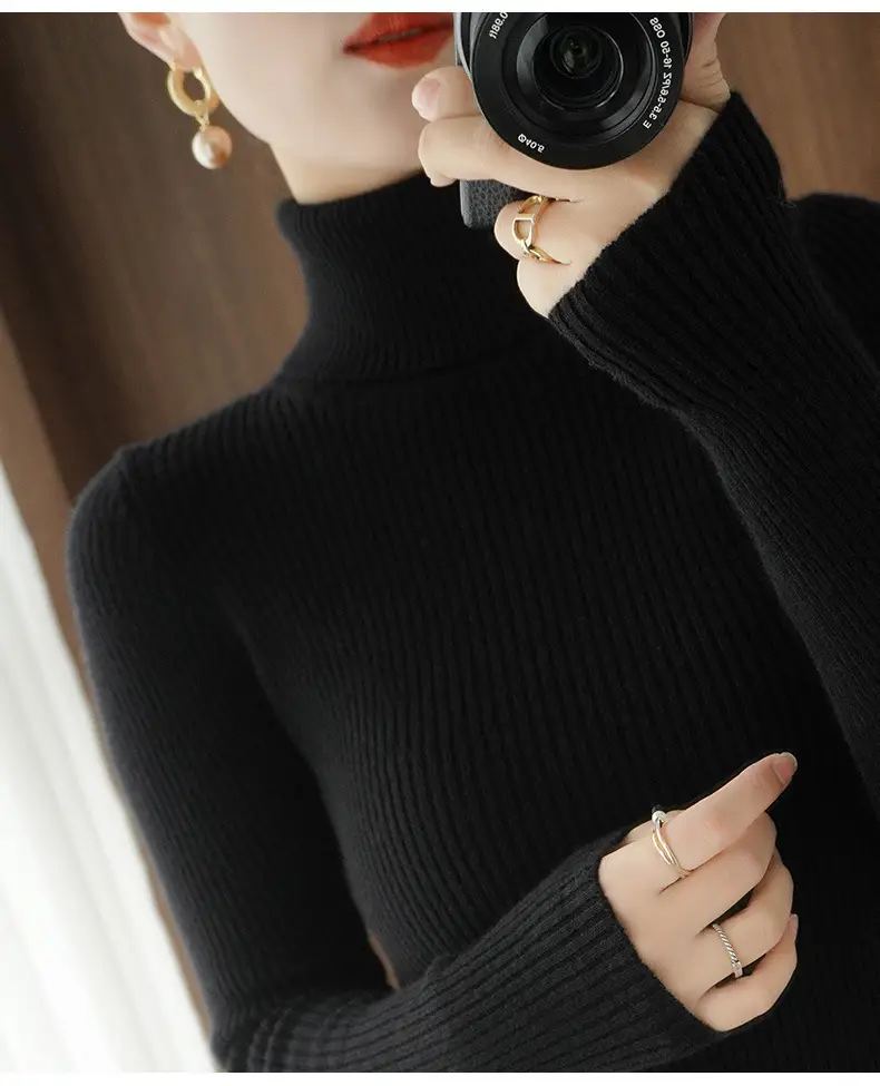 Women's New High Neck Knitted Sweater Grey Solid Color — feature 5
