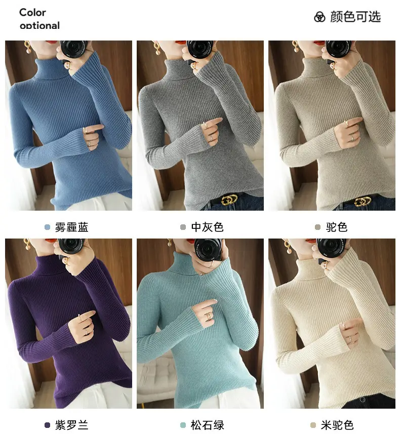 Women's New High Neck Knitted Sweater Grey Solid Color — feature 7