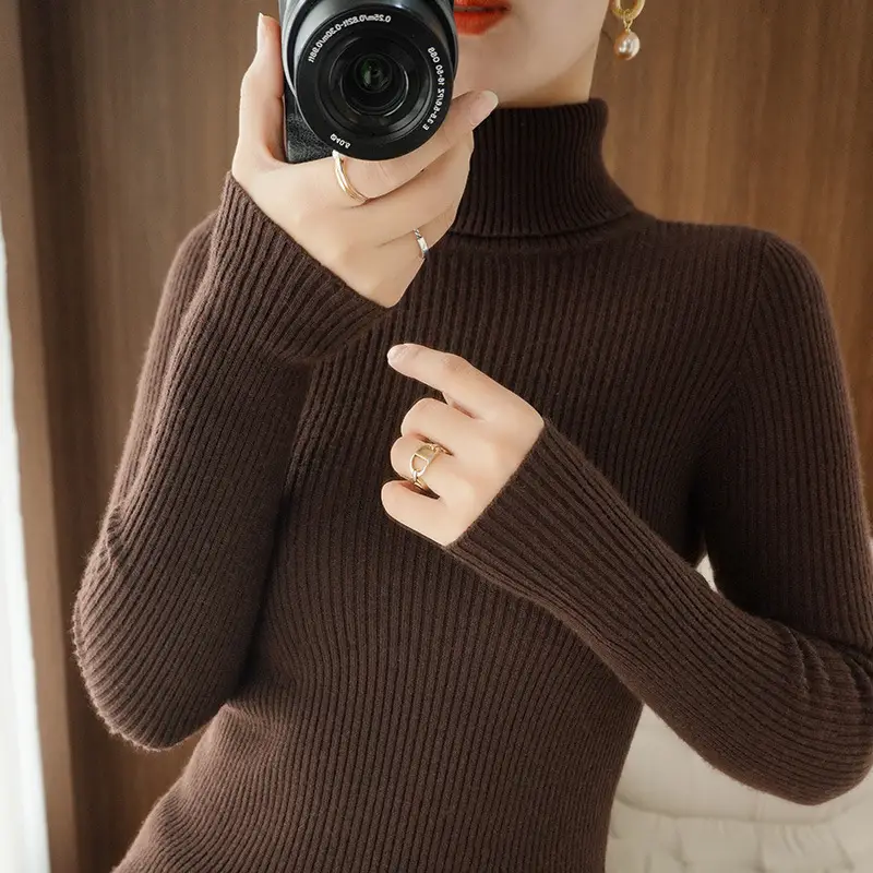 Women's New High Neck Knitted Sweater Grey Solid Color - Image 11