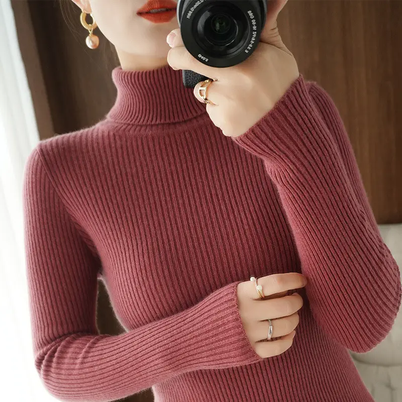 Women's New High Neck Knitted Sweater Grey Solid Color - Image 12