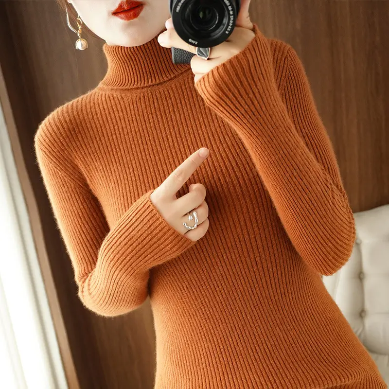 Women's New High Neck Knitted Sweater Grey Solid Color - Image 16