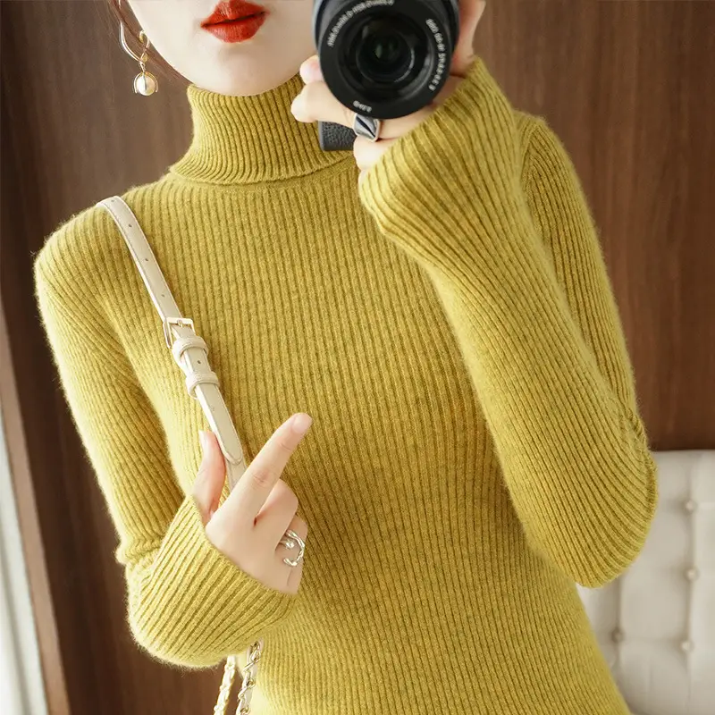 Women's New High Neck Knitted Sweater Grey Solid Color - Image 17