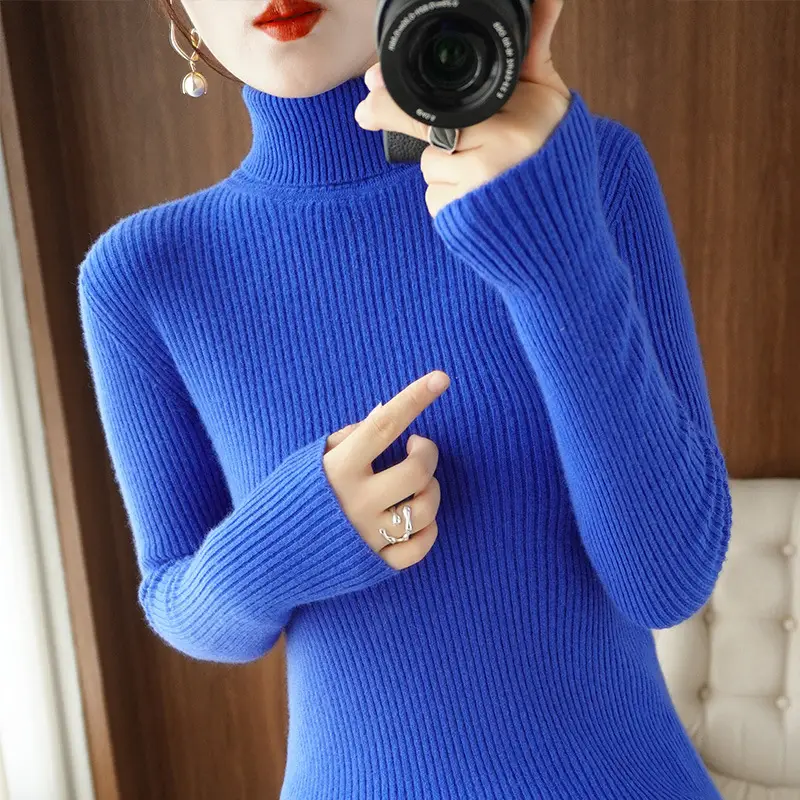 Women's New High Neck Knitted Sweater Grey Solid Color - Image 18