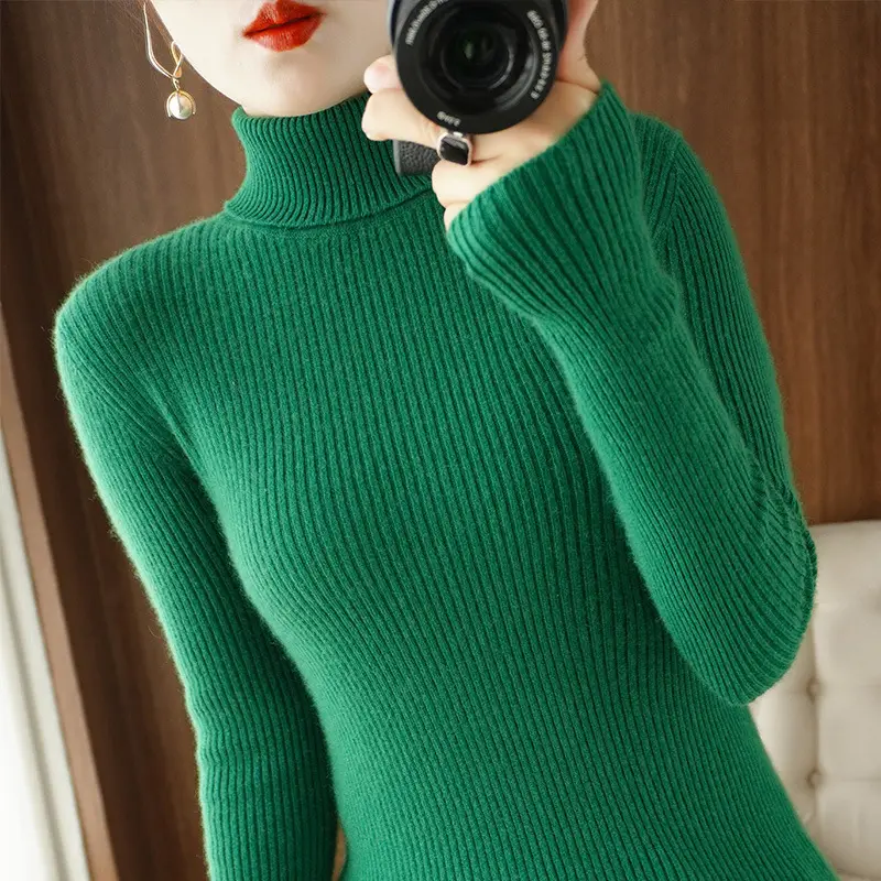 Women's New High Neck Knitted Sweater Grey Solid Color - Image 19