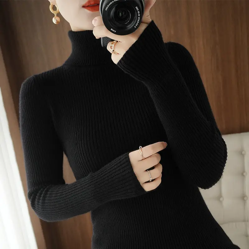 Women's New High Neck Knitted Sweater Grey Solid Color - Image 2