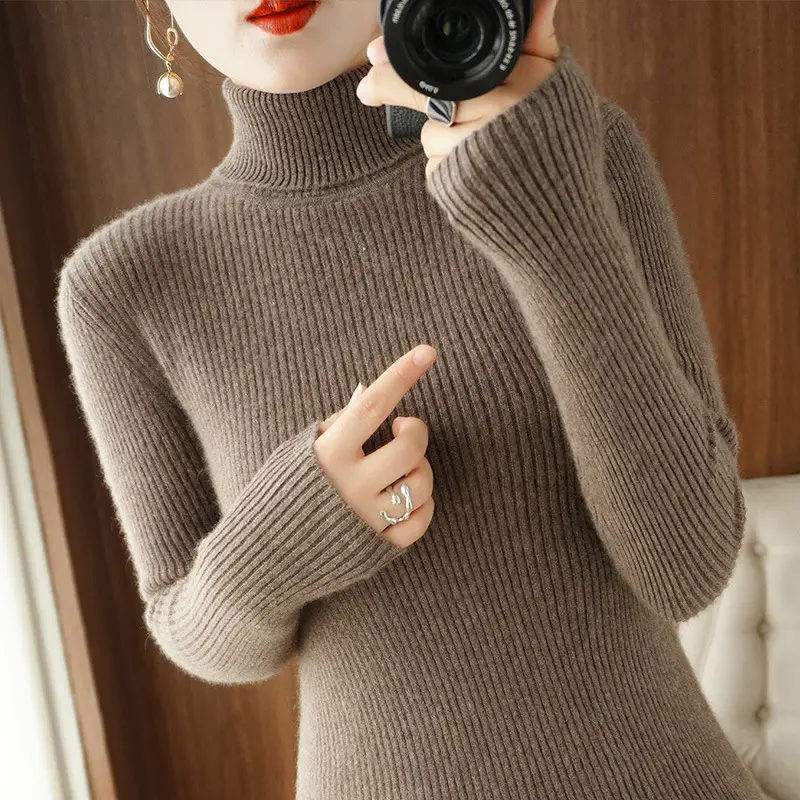 Women's New High Neck Knitted Sweater Grey Solid Color - Image 21