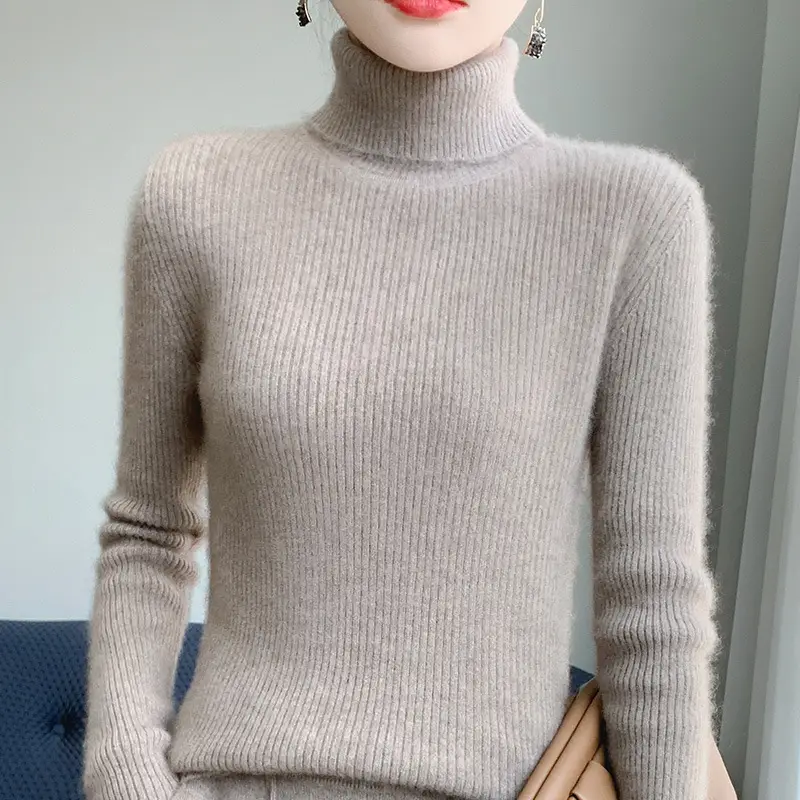 Women's New High Neck Knitted Sweater Grey Solid Color - Image 5