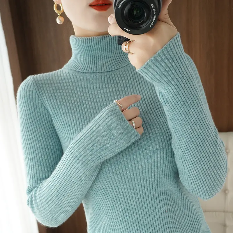 Women's New High Neck Knitted Sweater Grey Solid Color - Image 7
