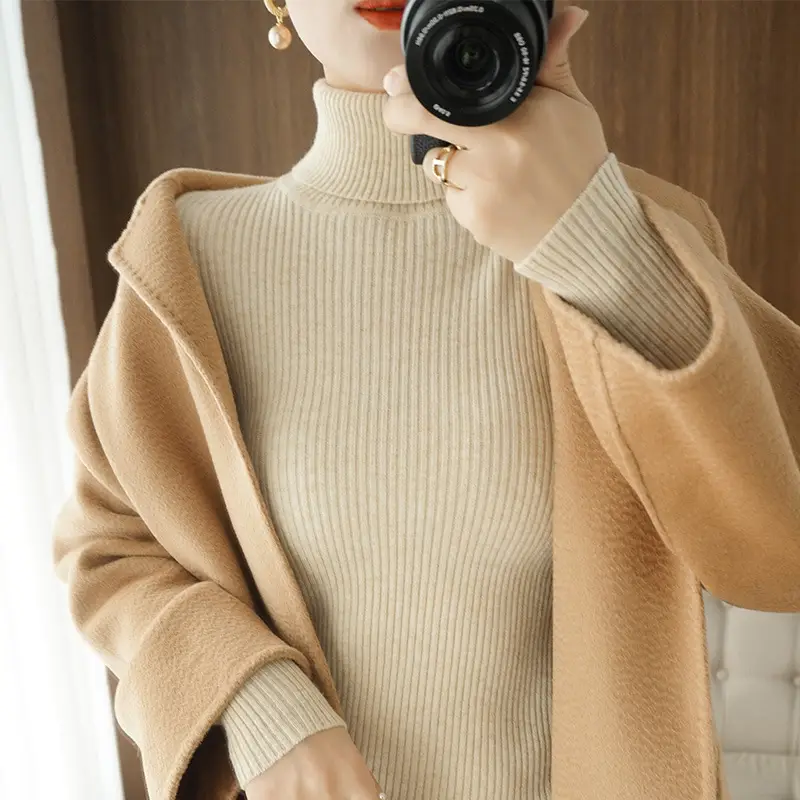 Women's New High Neck Knitted Sweater Grey Solid Color - Image 8
