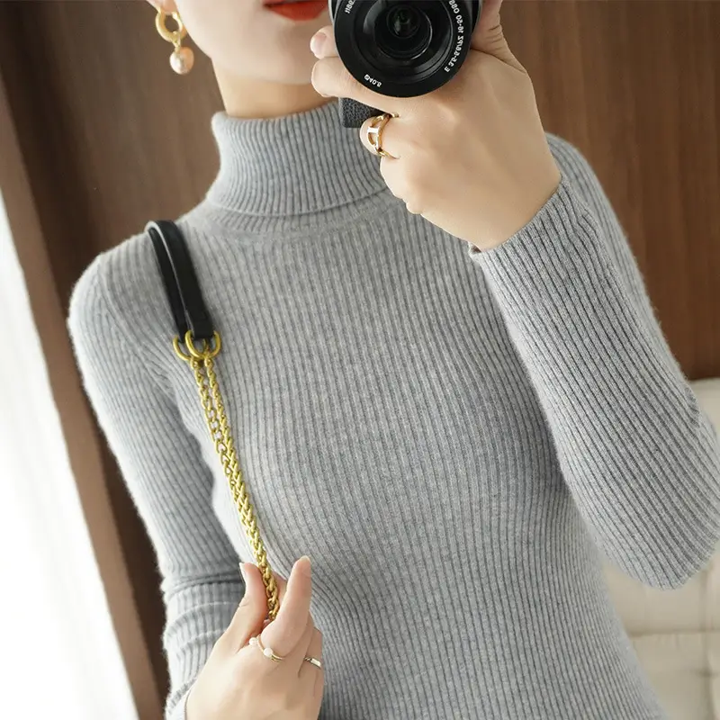 Women's New High Neck Knitted Sweater Grey Solid Color - Image 9