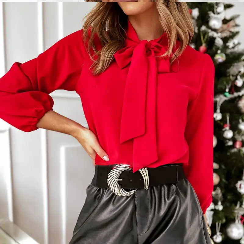 Red Bow Neck Long Sleeve Women's Shirt with Black Belt - Image 8