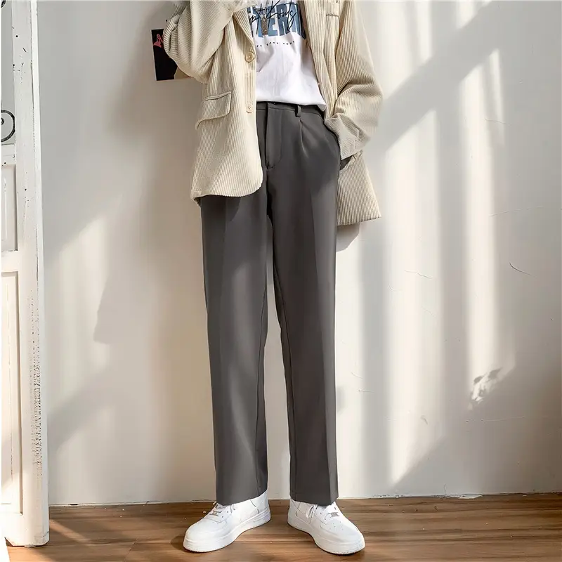 Men Korean Style Loose Fit Pants Grey Wide Leg Casual