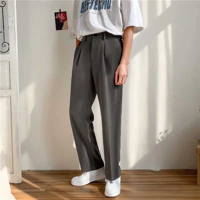 Men Korean Style Loose Fit Pants Grey Wide Leg Casual