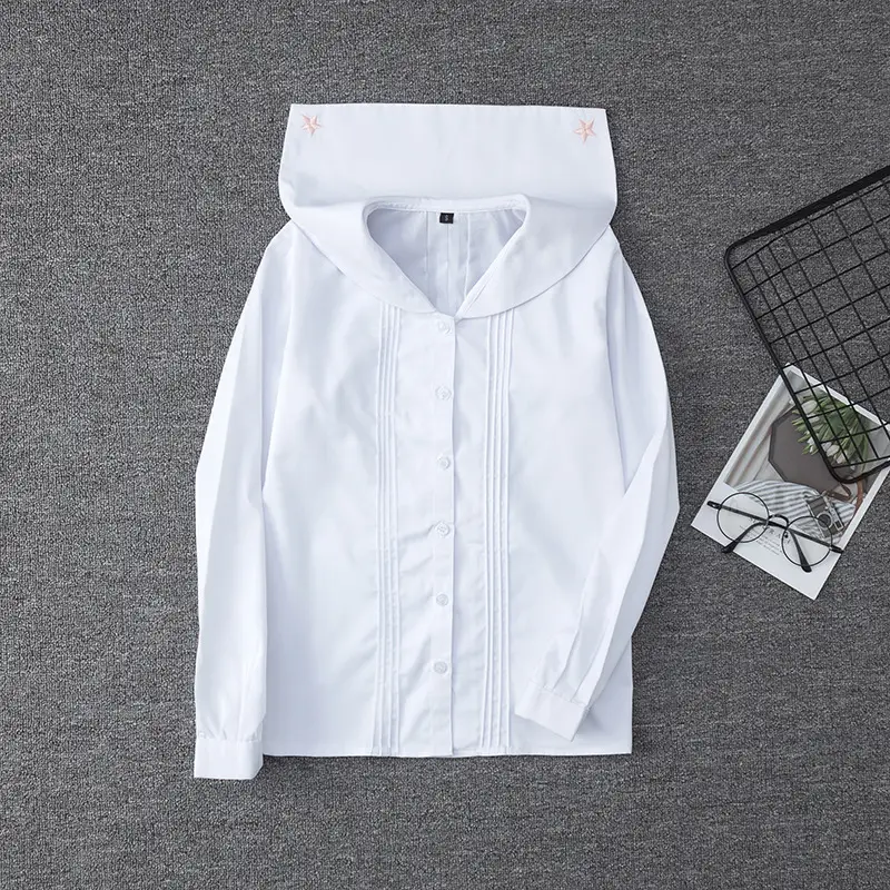 White Japanese Department College Men Shirt with Embroidery — feature 23