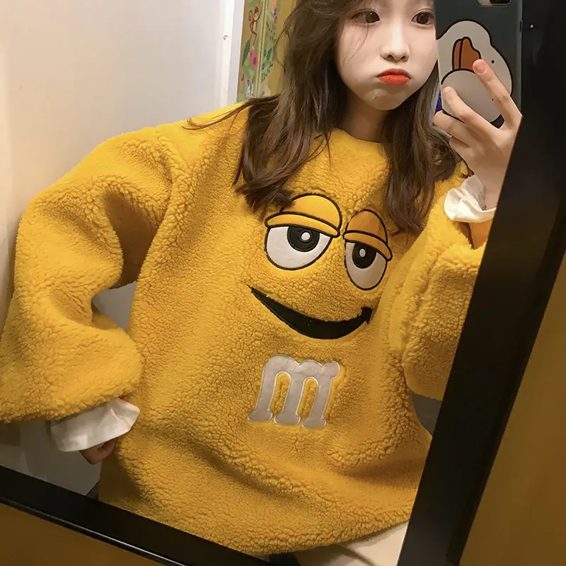 Women's Yellow Fleece Lined Round Neck Sweater — feature 13