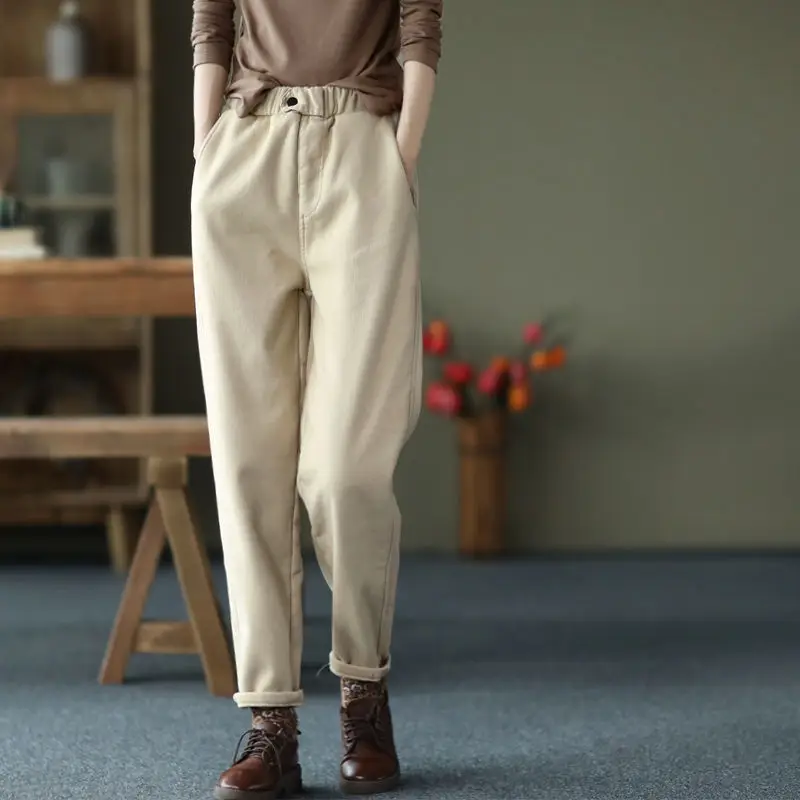 Women's Thick Velvet Hallen Pants Solid Beige - Image 6