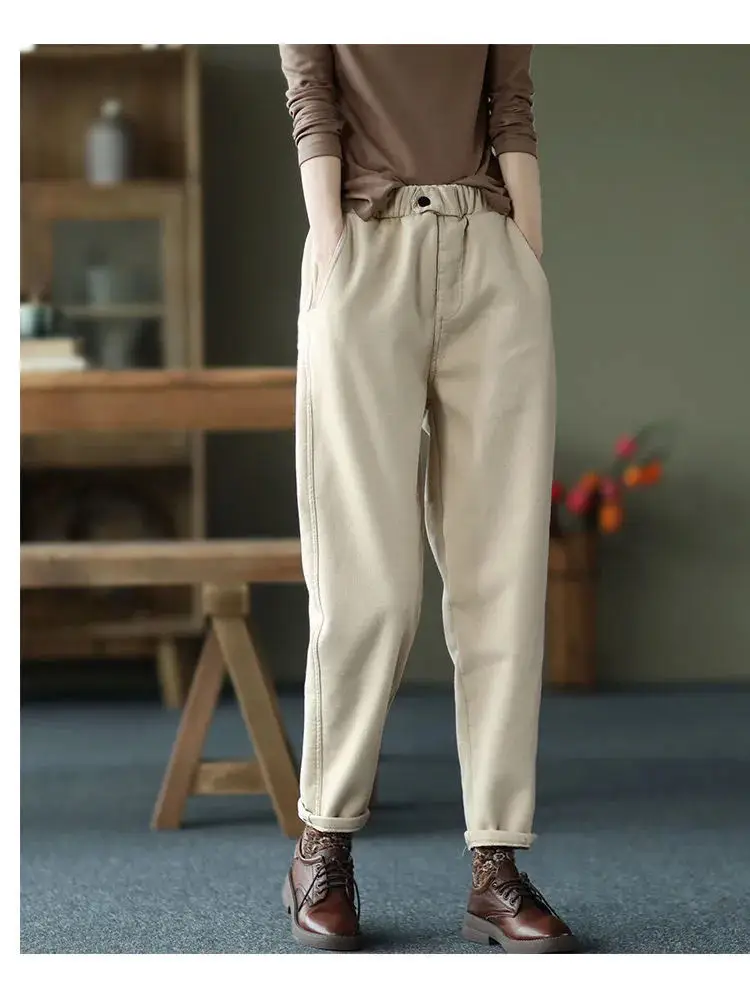 Women's Thick Velvet Hallen Pants Solid Beige — feature 14