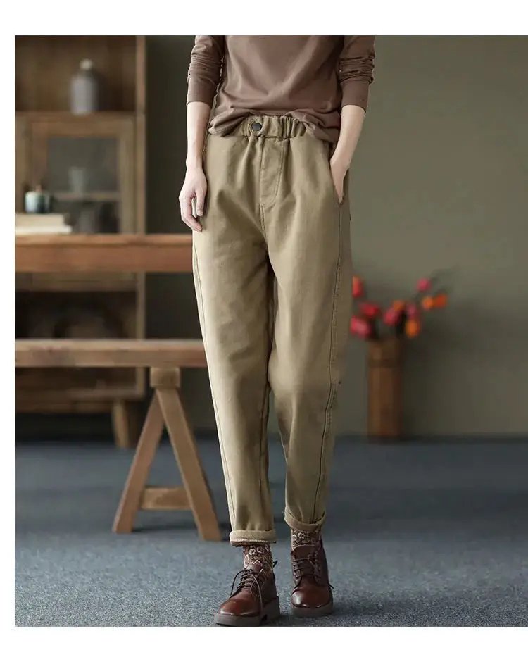 Women's Thick Velvet Hallen Pants Solid Beige — feature 7