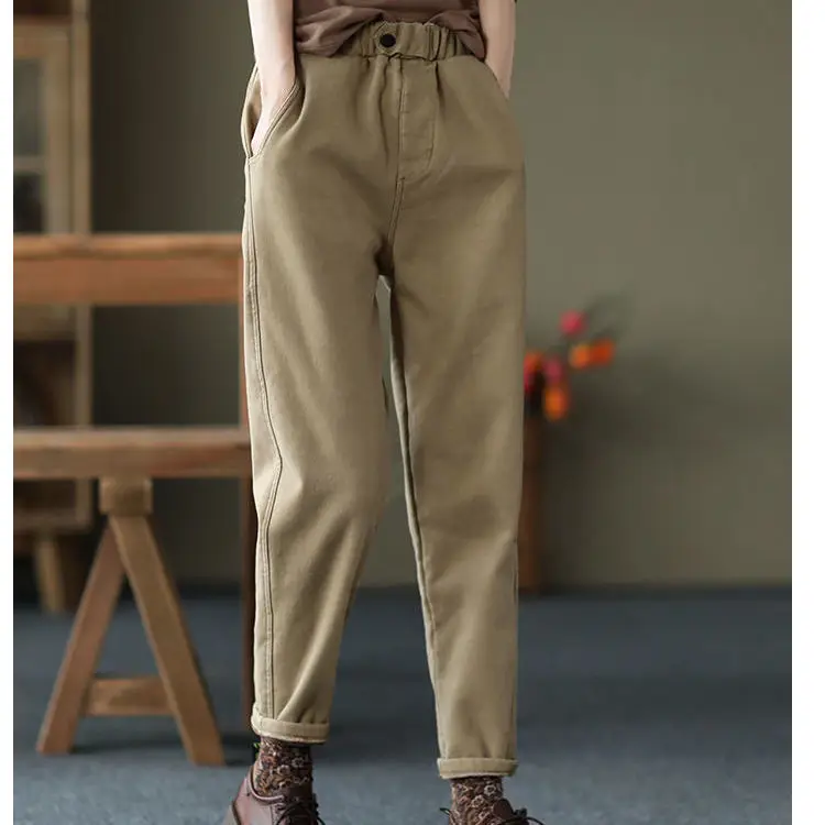 Women's Thick Velvet Hallen Pants Solid Beige - Image 2