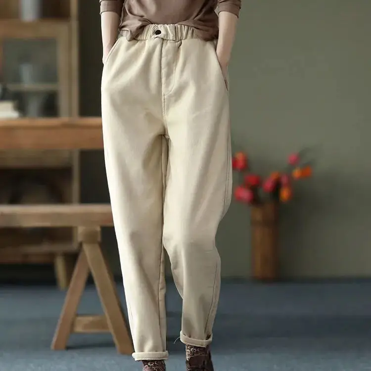 Women's Thick Velvet Hallen Pants Solid Beige - Image 3