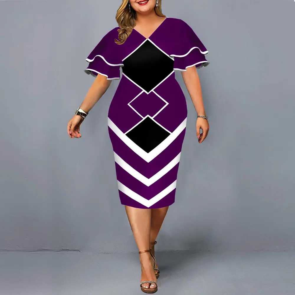 Flying Sleeves Plus Size Geometric Print Dress Black Yellow White - Image 3