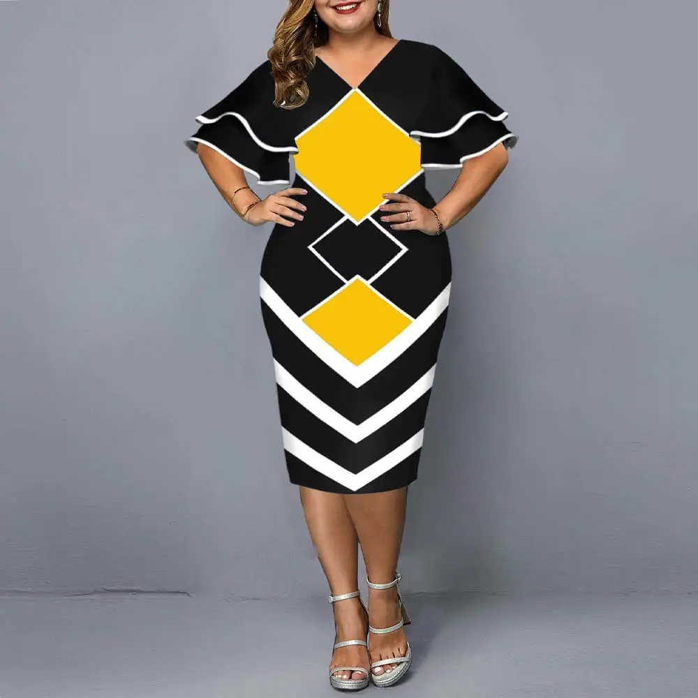 Flying Sleeves Plus Size Geometric Print Dress Black Yellow White - Image 5