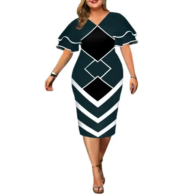 Flying Sleeves Plus Size Geometric Print Dress Black Yellow White - Image 6