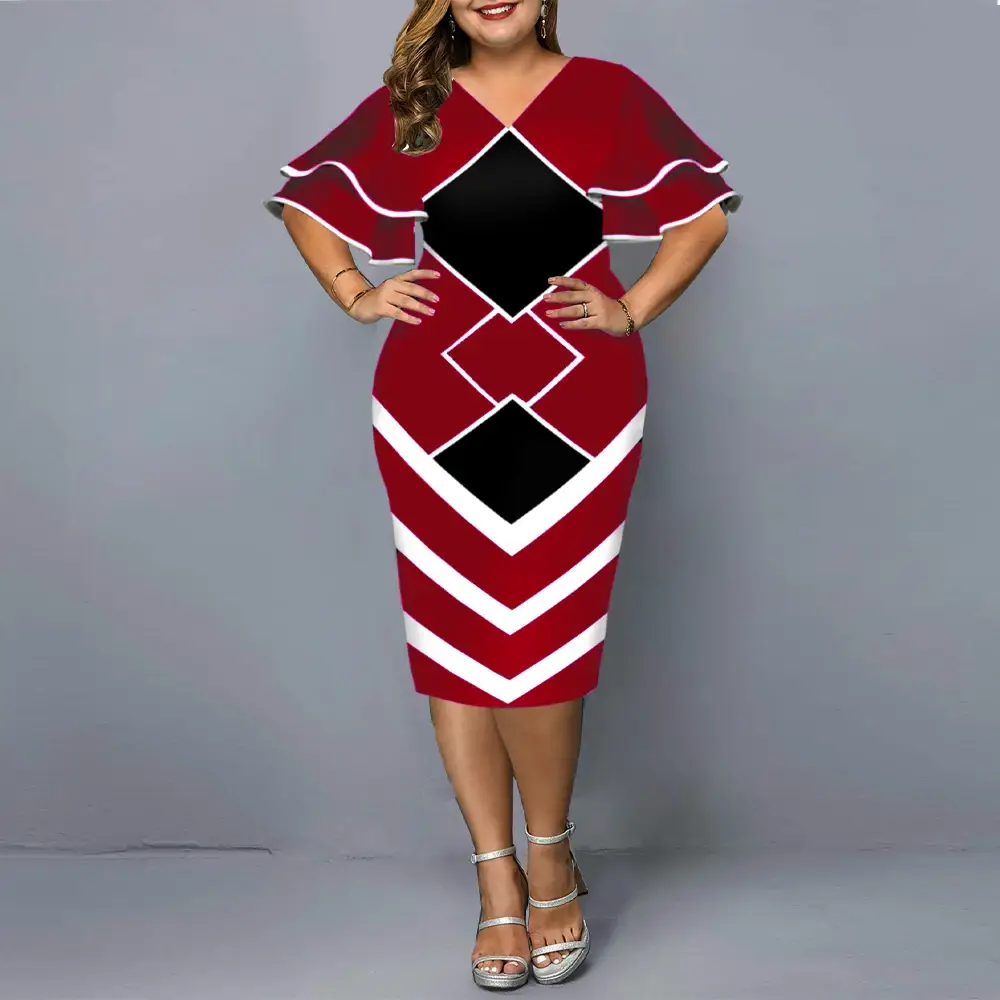 Flying Sleeves Plus Size Geometric Print Dress Black Yellow White — feature 10