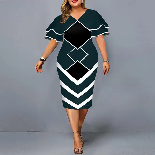 Flying Sleeves Plus Size Geometric Print Dress Black Yellow White — feature 13