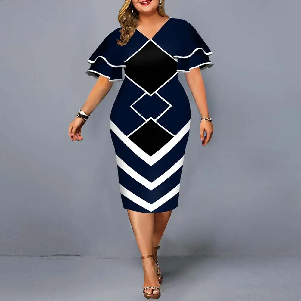 Flying Sleeves Plus Size Geometric Print Dress Black Yellow White — feature 3