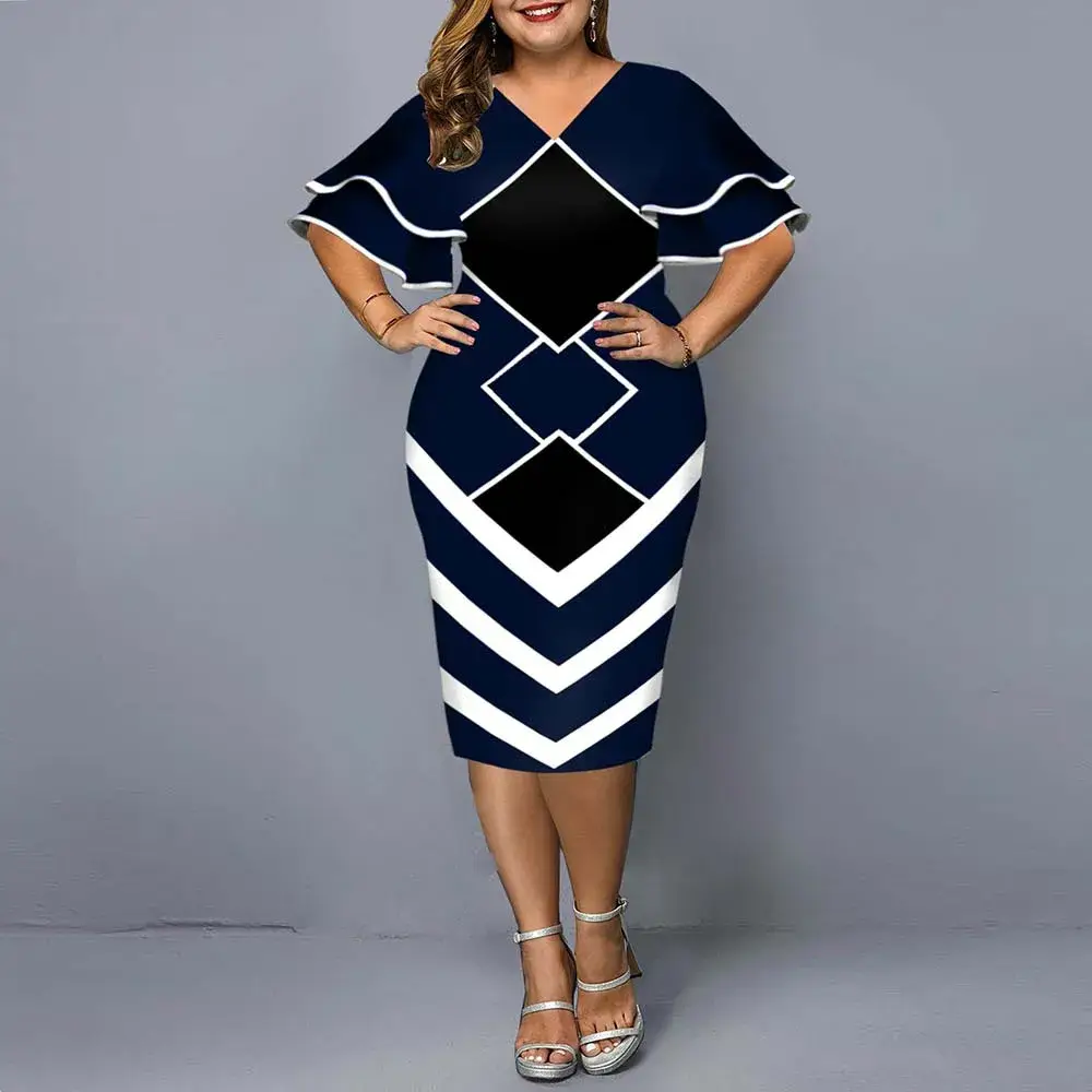 Flying Sleeves Plus Size Geometric Print Dress Black Yellow White — feature 4