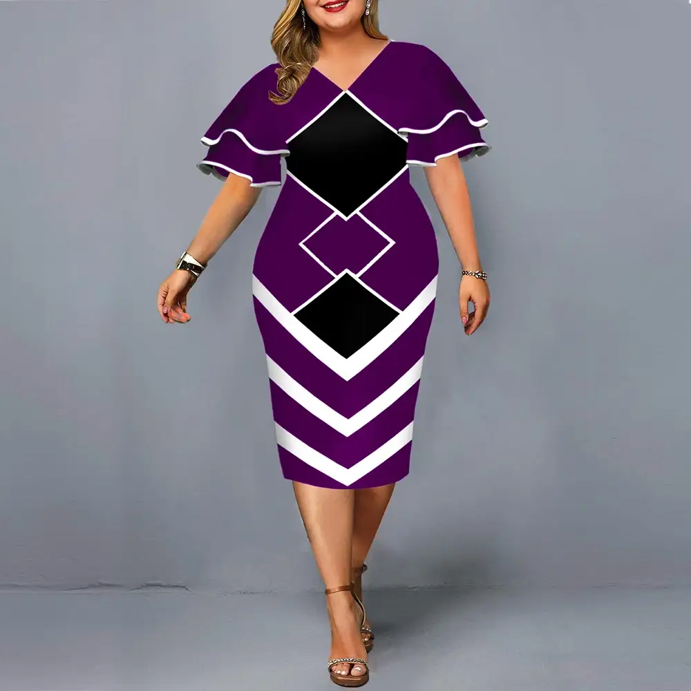 Flying Sleeves Plus Size Geometric Print Dress Black Yellow White — feature 6