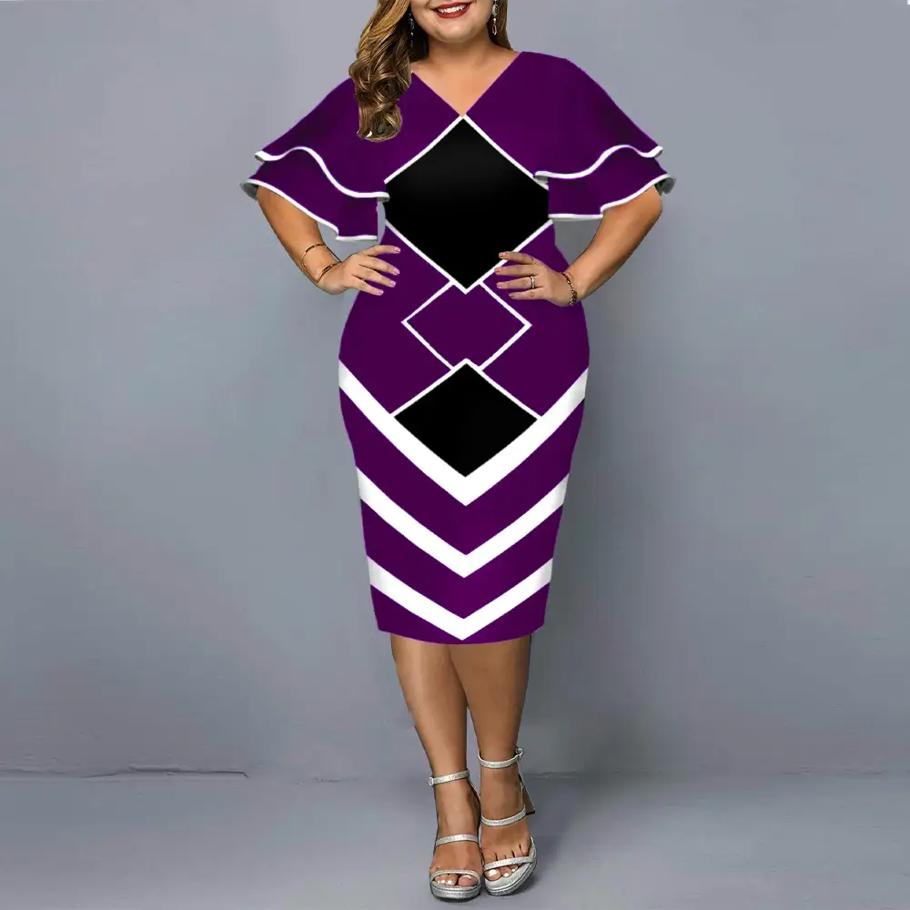 Flying Sleeves Plus Size Geometric Print Dress Black Yellow White — feature 7