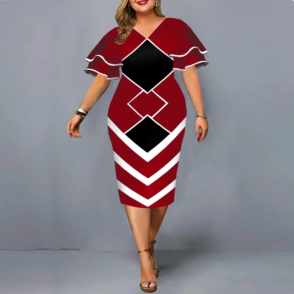 Flying Sleeves Plus Size Geometric Print Dress Black Yellow White — feature 9