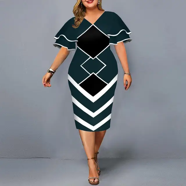 Flying Sleeves Plus Size Geometric Print Dress Black Yellow White - Image 2