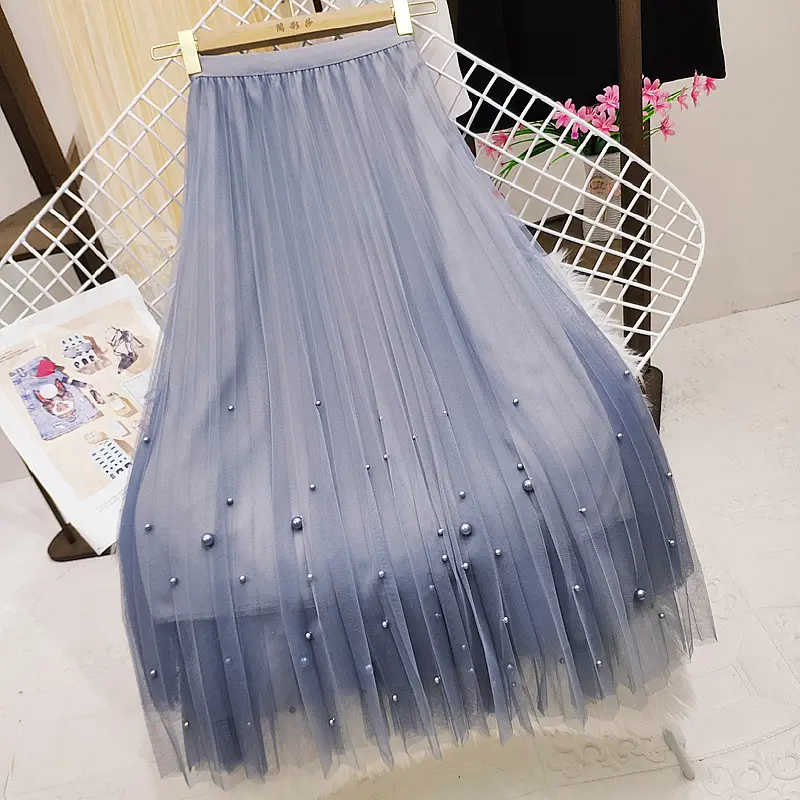 Black Beaded Mesh High Waist Skirt Women - Image 4
