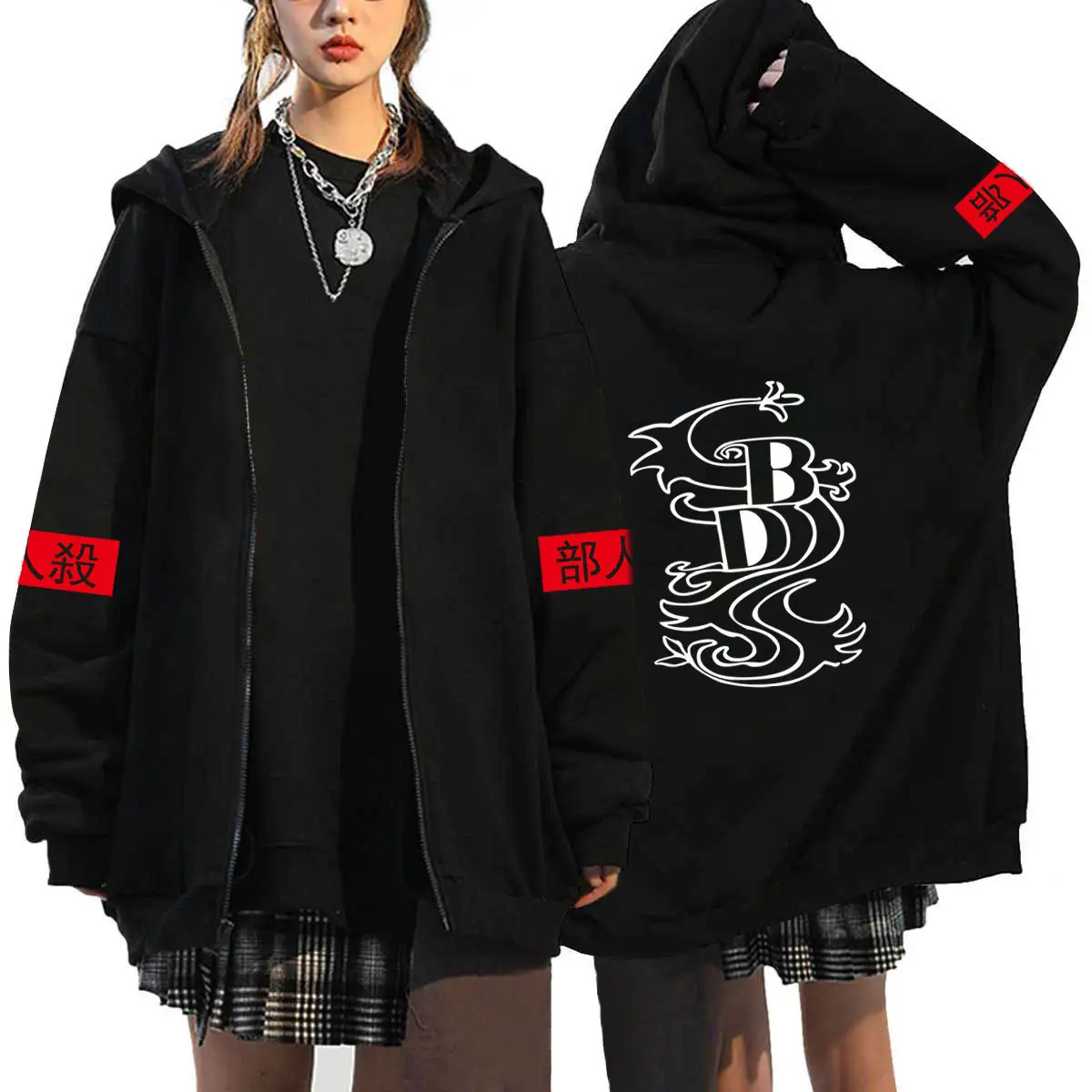Men Fleece Zipper Hoodie Black Tokyo Avengers Design