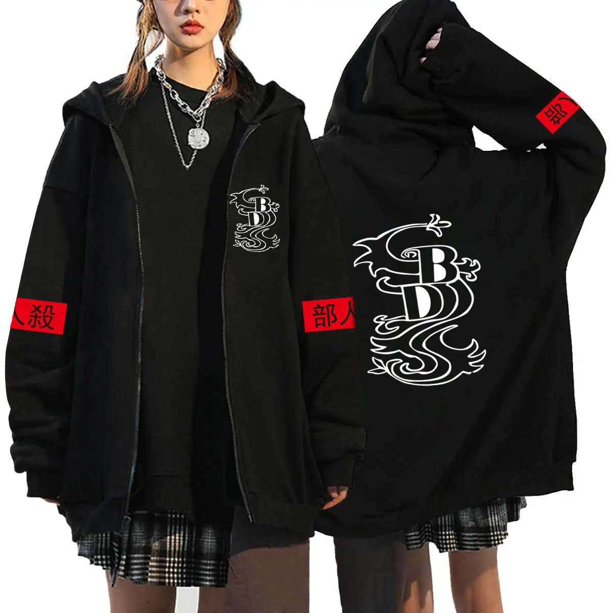 Men Fleece Zipper Hoodie Black Tokyo Avengers Design