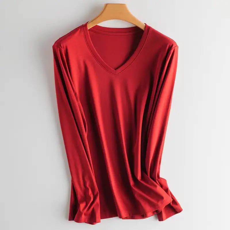 Women Red V-Neck Long Sleeve T-Shirt - Image 11
